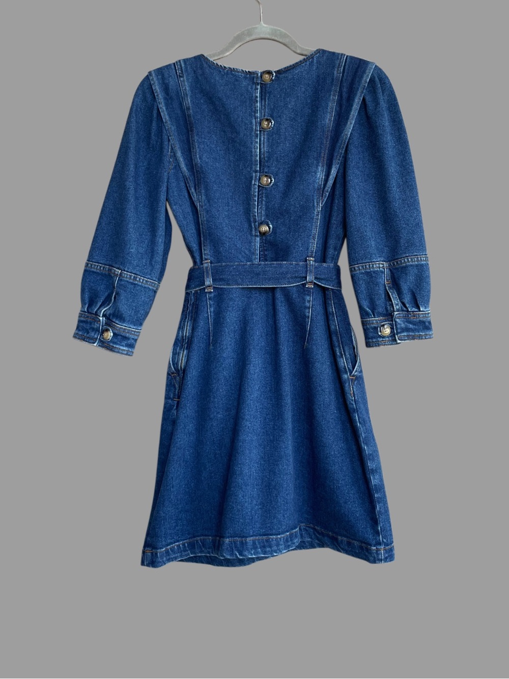 SEZANE Blue Denim Tie Waist Belted Puff Sleeve Button Back Haneia Mini Dress - Picture 10 of 15